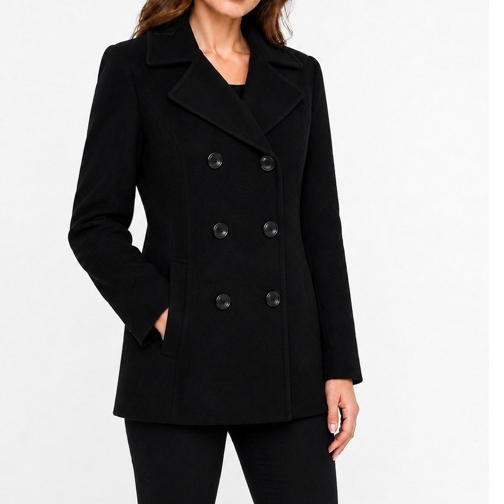 Womens Black Wool Blend Peacoat Size M Double Breasted 6 Button Long Winter Coat